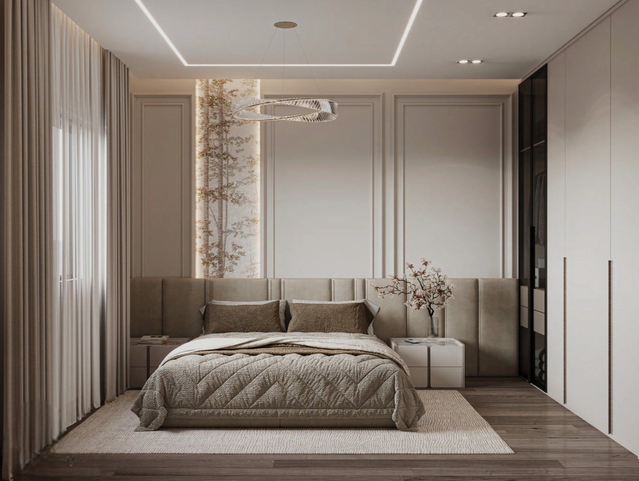 Luxury Bedroom with Nature-Inspired Wall Panel