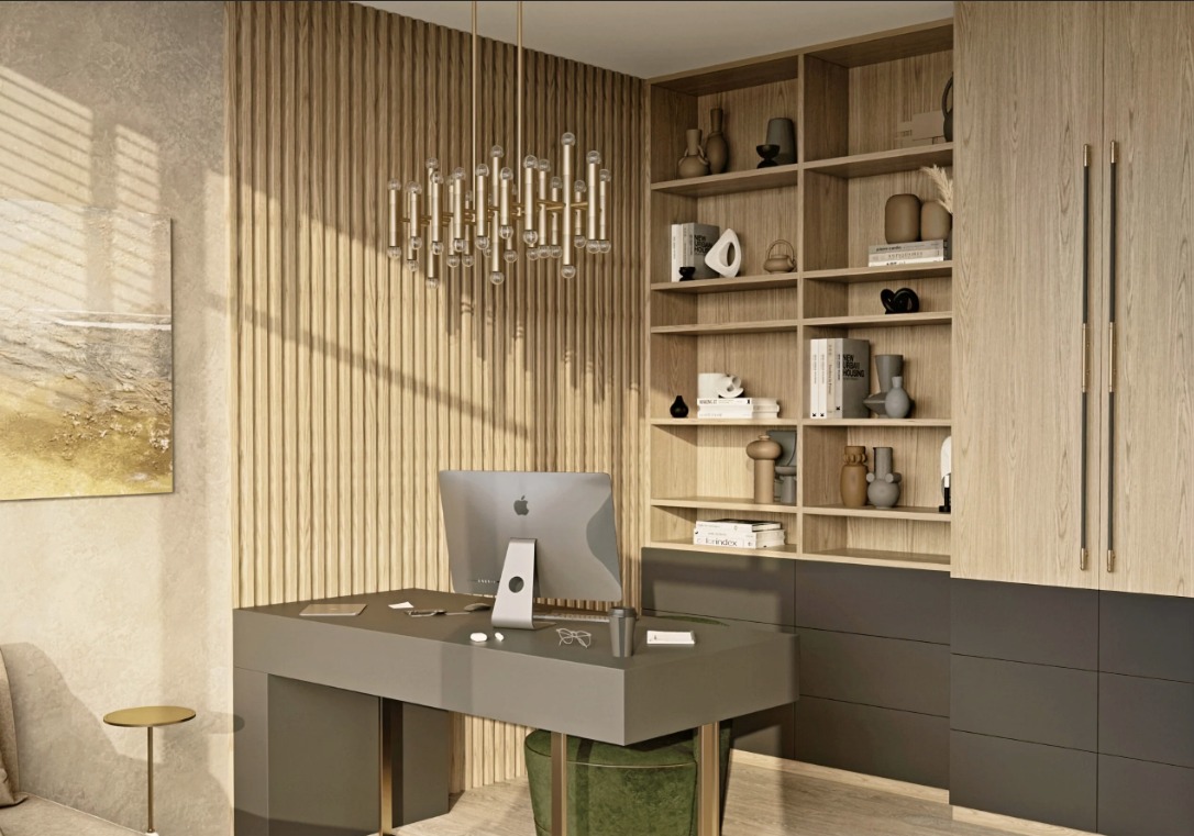 Modern Office with Wooden Slat Wall and Integrated Storage