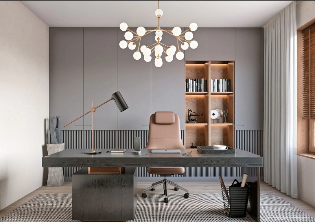 Contemporary Office with Wooden Desk and Gold Chandelier