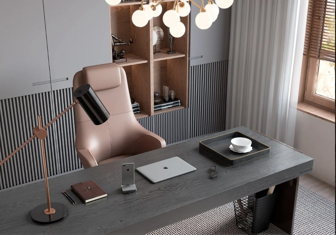Modern Office Space with Curvilinear Ceiling Lighting