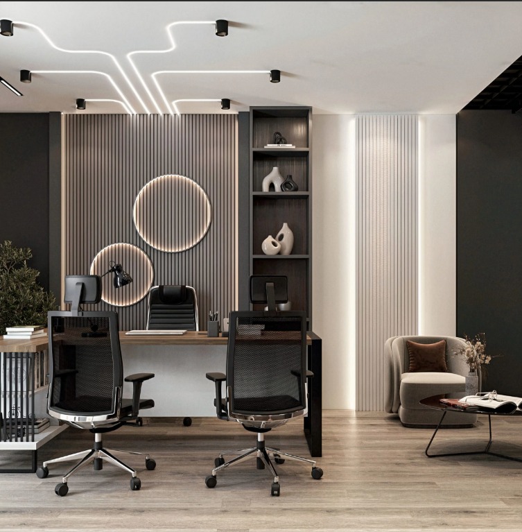 Executive Office with Dark Wood Desk and Integrated Lighting
