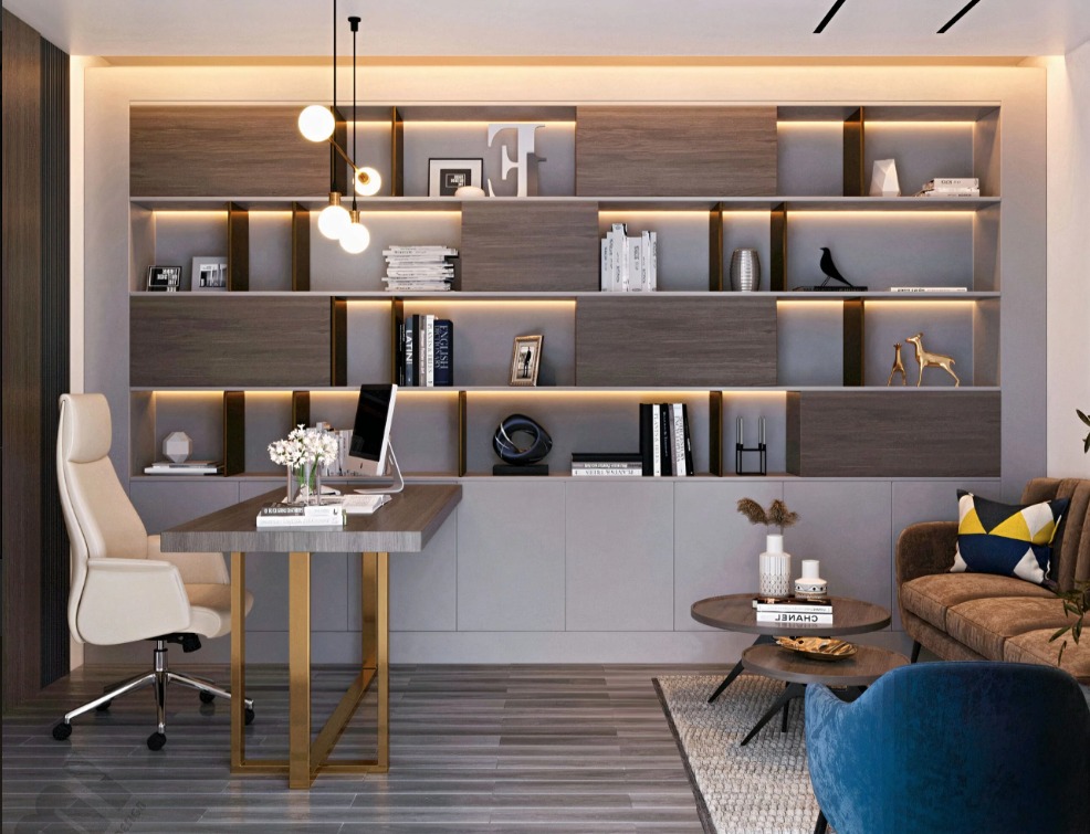 Modern Office with Built-in Shelving and Gold Accents
