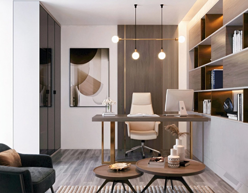 Contemporary Office with Wooden Slat Wall and Chandelier